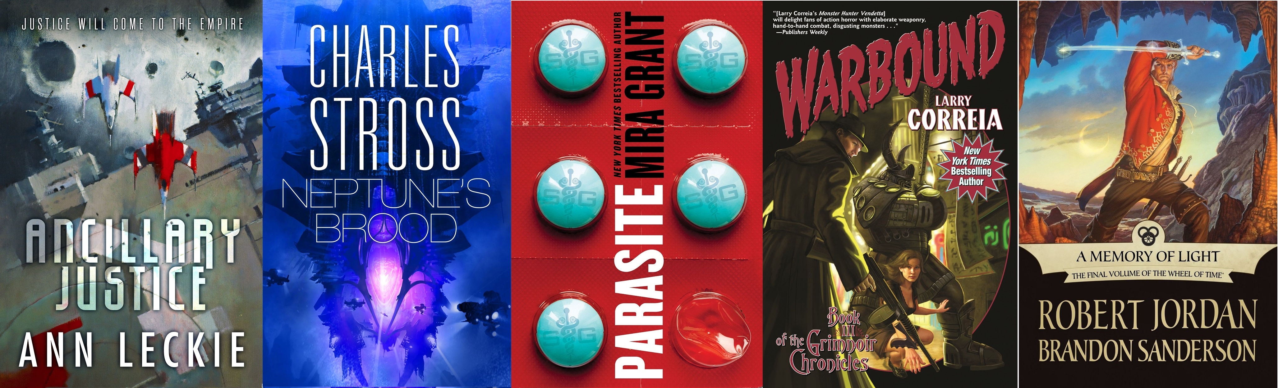 2014 Hugo Awards Finalists - From left to right; Ancillary Justice by Ann Leckie, Neptune’s Brood by Charles Stross, Parasite by Mira Grant, Warbound, Book III of the Grimnoir Chronicles by Larry Correia and The Wheel of Time (A Memory of Light) by Robert Jordan and Brandon Sanderson