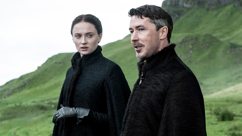 Sophie Turner as Sansa Stark and Aidan Gillen as Littlefinger. Photo Credit: Helen Sloan/HBO 